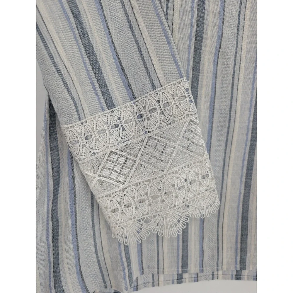 Etcetera Blue White Striped V Neck Linen Blend Tunic Lace Trim Coastal Preppy 10 - Picture 3 of 10